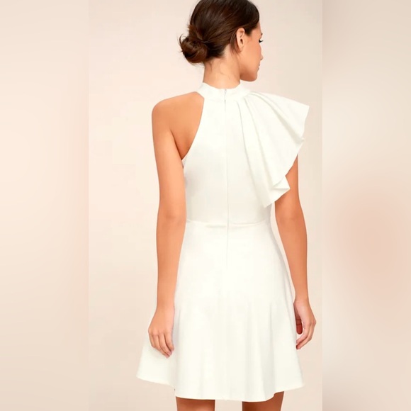 Lulu’s Chic Goals White High Neck One-Shoulder Flutter Sleeve Skater Dress - Picture 8 of 8